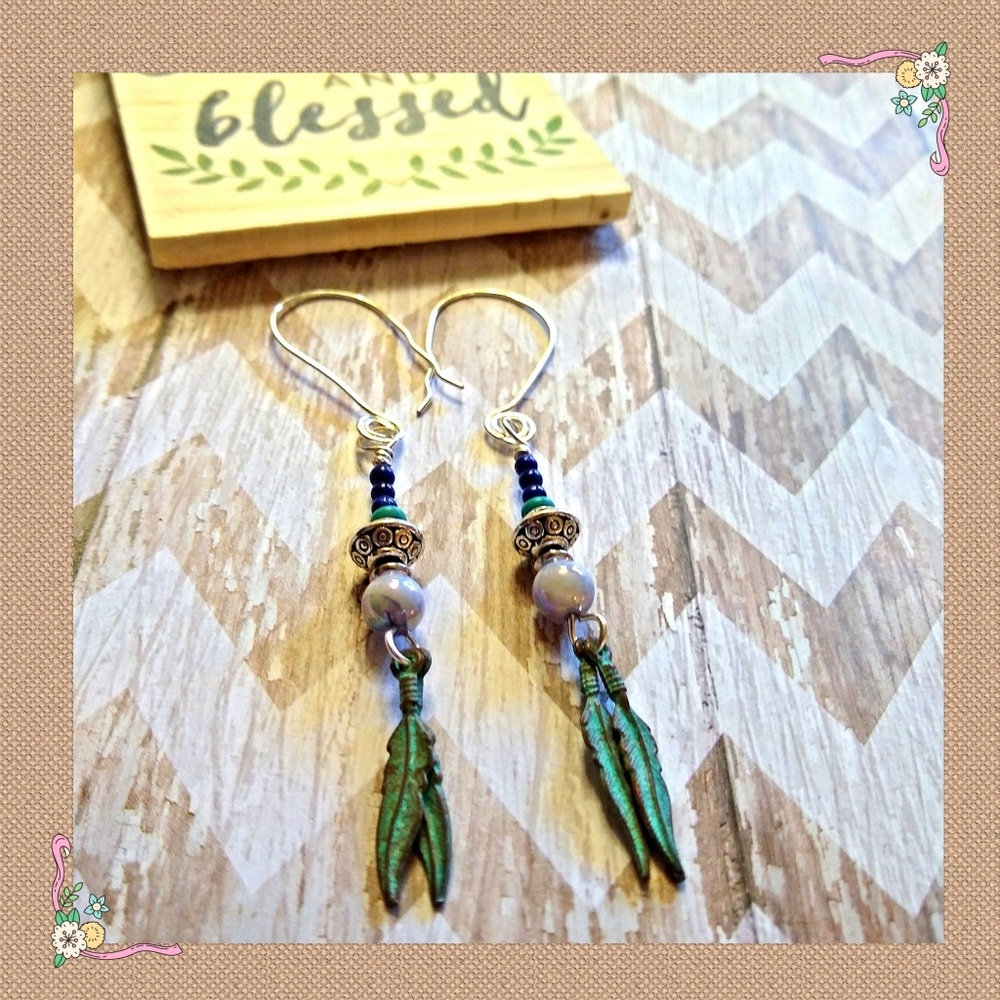 BOHO SILVER GEMSTONE & FEATHER EARRINGS